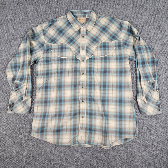 Scully Western Plaid Long Sleeve Snap Button‎ Shirt Men's Large Blue Gray Cream - Picture 2 of 8